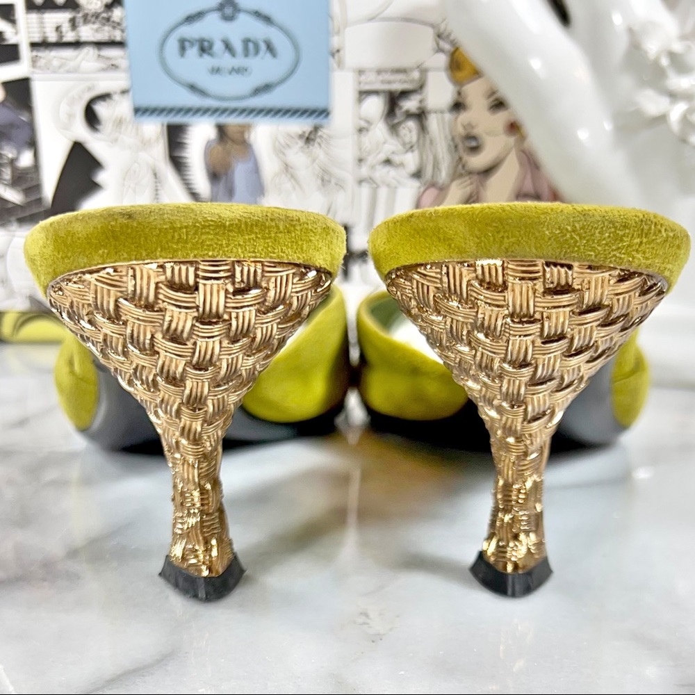 |SOLD| Prada Avocado Suede Leather Mules with Decorative Heel - Picture 5 of 8